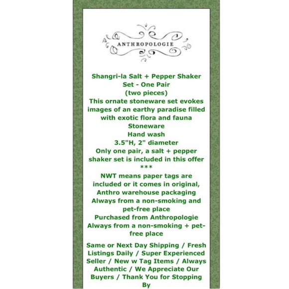 Anthropologie Salt + Pepper Shakers Shangri-La Green Ornate Stoneware NWT NIB - Picture 2 of 8